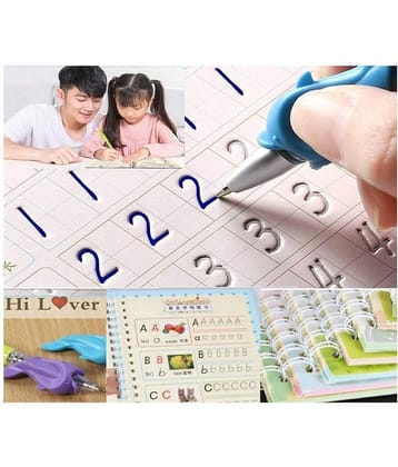 Sank Magic Practice Copybook - (1 Pen + 1 Grip + 4 BOOKS + 10 REFILL) Number Tracing Book - Writing Book - Magic Calligraphy - Copybook Set - Calligraphy Pen - Calligraphy Book - Practical Reusable Writing Tool - Simple Hand Lettering for Preschoolers