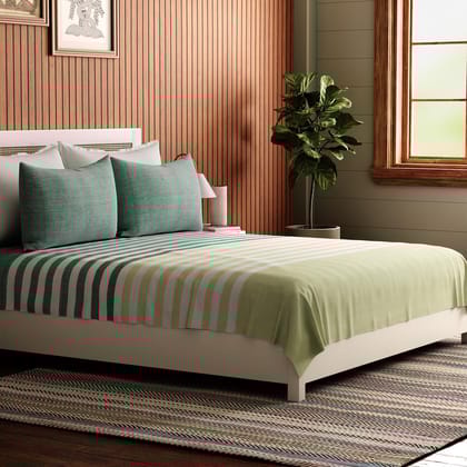 Hand Woven Striped Bed Cover with Pillow Cover in Green & White - 90x108-90 Inches x 108 Inches / 100% Cotton / White & Lime Green