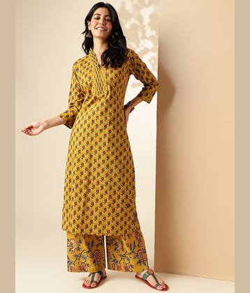 Vbuyz Cotton Printed Kurti With Palazzo Women's Stitched Salwar Suit - Mustard ( Pack of 1 )