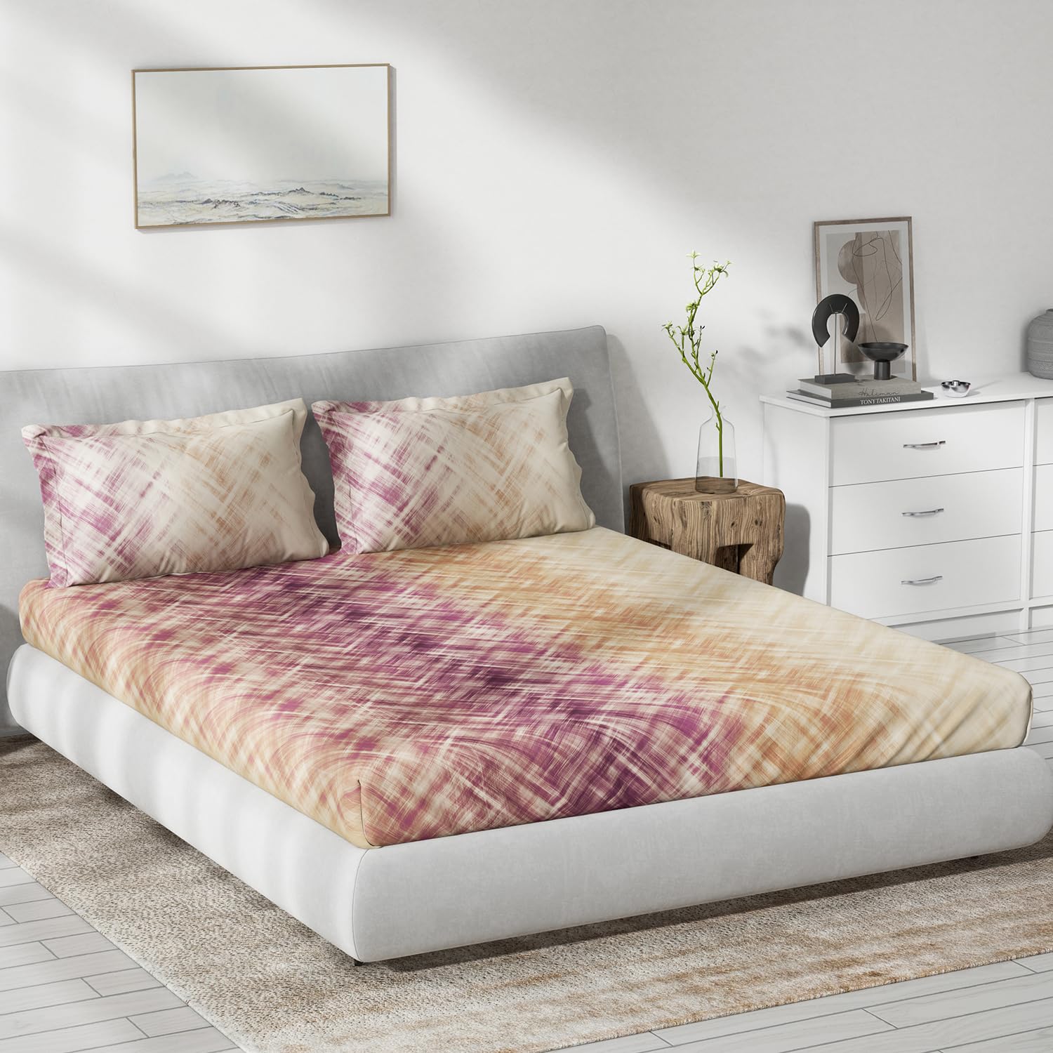 DDECOR - Primary Collection 100% Cotton Abstract Pattern 145TC King Bedsheet |229 CM X 274 CM| with 2 Pillow Covers - Wine