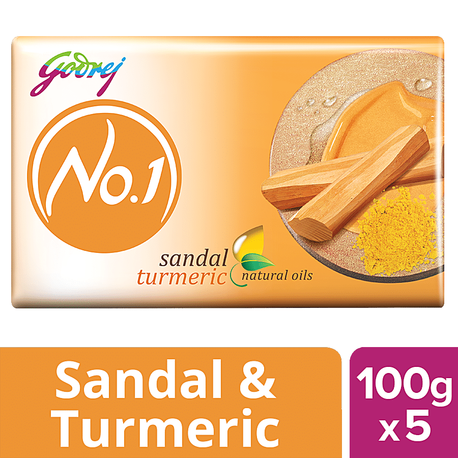 Godrej No.1 Sandal & Turmeric Bathing Soap, With Natural Oils, Gives Glowing Skin, 100 g (Pack of 5)