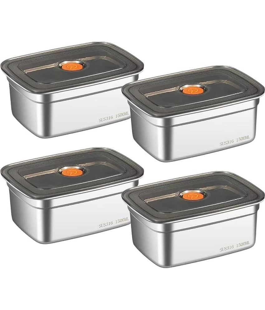 RAVISTRA Fridge Storage Box Steel Silver Food Container ( Set of 4 )
