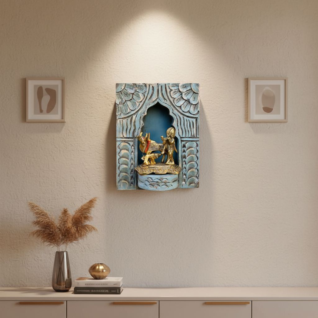 VMAntique Decor Handicraft Carved Pooja-Stand Jharokha, Wall Hanging God-Statue Stand,Wooden Blue-Background Wall-Jharokha, Pooja-Room Decors Jharokha