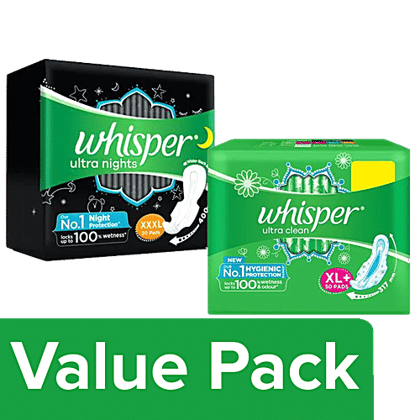 Whisper Sanitary Pads - Ultra Clean For Women, XL+ 50pcs + Ultra Nights XXXL Wings 20pcs, Combo 2 Items