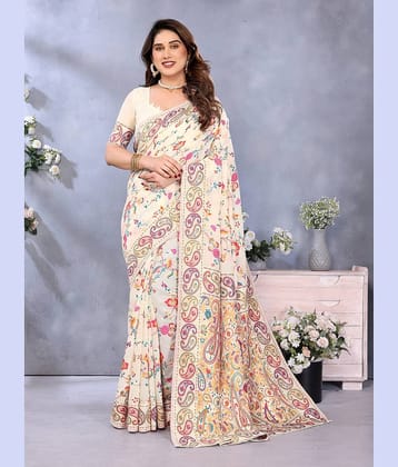 Sidhidata Jacquard Printed Pashmina Saree With Unstitched Blouse Piece ( Cream )