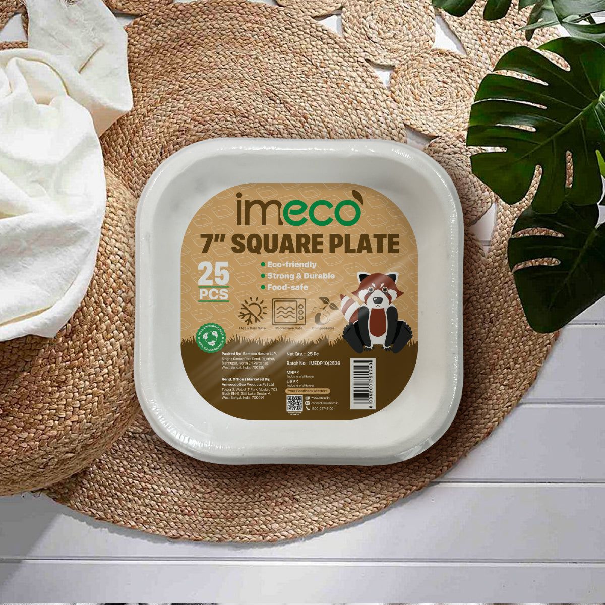 Imeco Bamboo Square Disposable Plates (7 Inch, Pack of 25) | Eco-Friendly & Sturdy | Party & Daily Use
