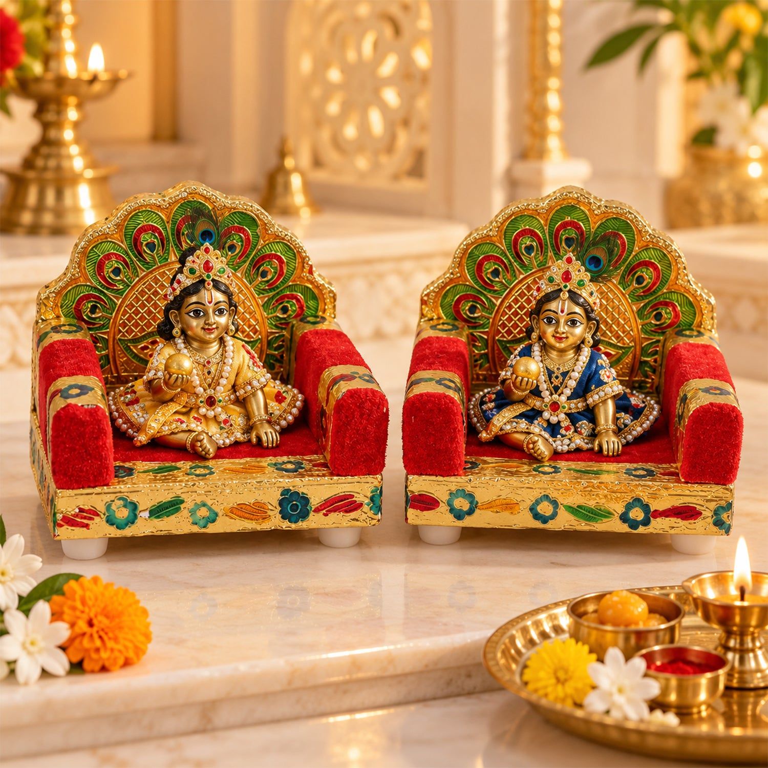 Red Handwork Laddu Gopal Singhasan with Peacock Design for Pooja (2 Pc Set)