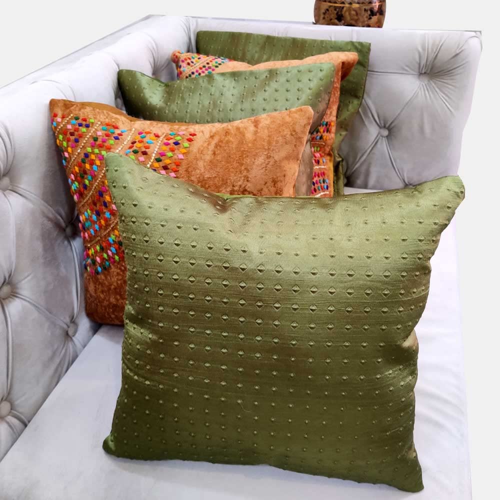 Suede Brown Multicolor Green Set of 5 Ethnic Beaded Embroidered Square Combo Cushion Covers for Sofa Home Bedroom (16x16 inch or 40 x 40 cm) - Ethnic Shoes | Buy online on ZillyBuy
