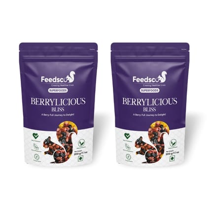 Feedsco Berrylicious Bliss - Mix Berries 200g Pack of 1 - Gluten-Free, Non-GMO & Vegan - Blueberries, Strawberries, Dried Cranberries, Black Currants - Natural and Delicious Healthy Snack