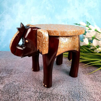 Elephant Stool Showpiece | Animal Figurines - For Home, Living Room Decor & Gifts | Small Wood & Brass Stool - For Placing Small Pots or Showpieces - 8 Inch