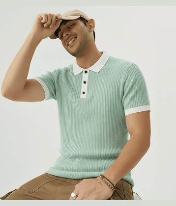 Try This Men Cotton Blend Regular Fit Colorblock Polo T Shirt ( Sea Green )