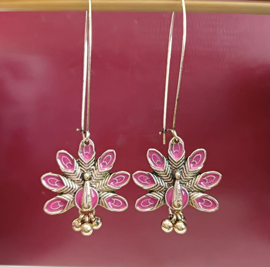 Gold Plated Long Hook Closure Hanging Peacock Enamel Artwork