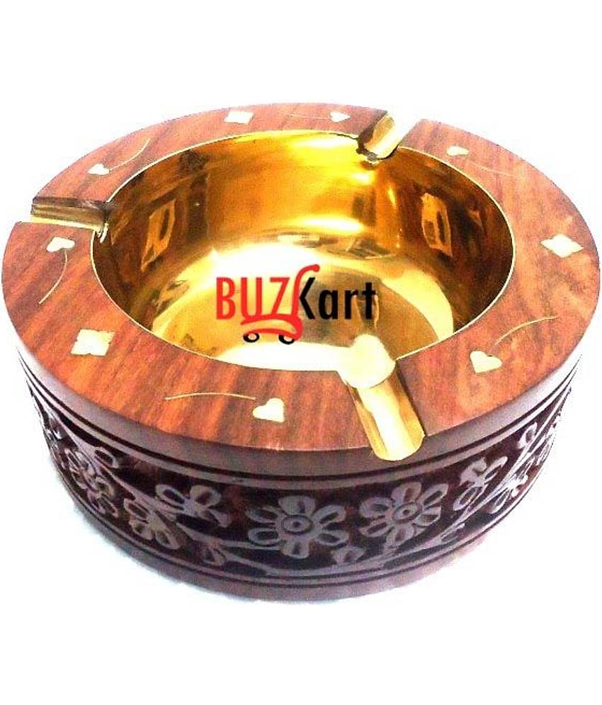 BuzyKart Sheesham Wood And Brass Round Handcrafted Ash Tray