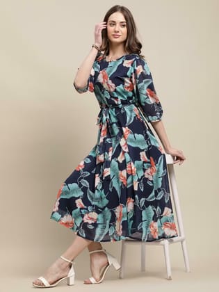 Floral Blue printed Georgette  long top for women.-S