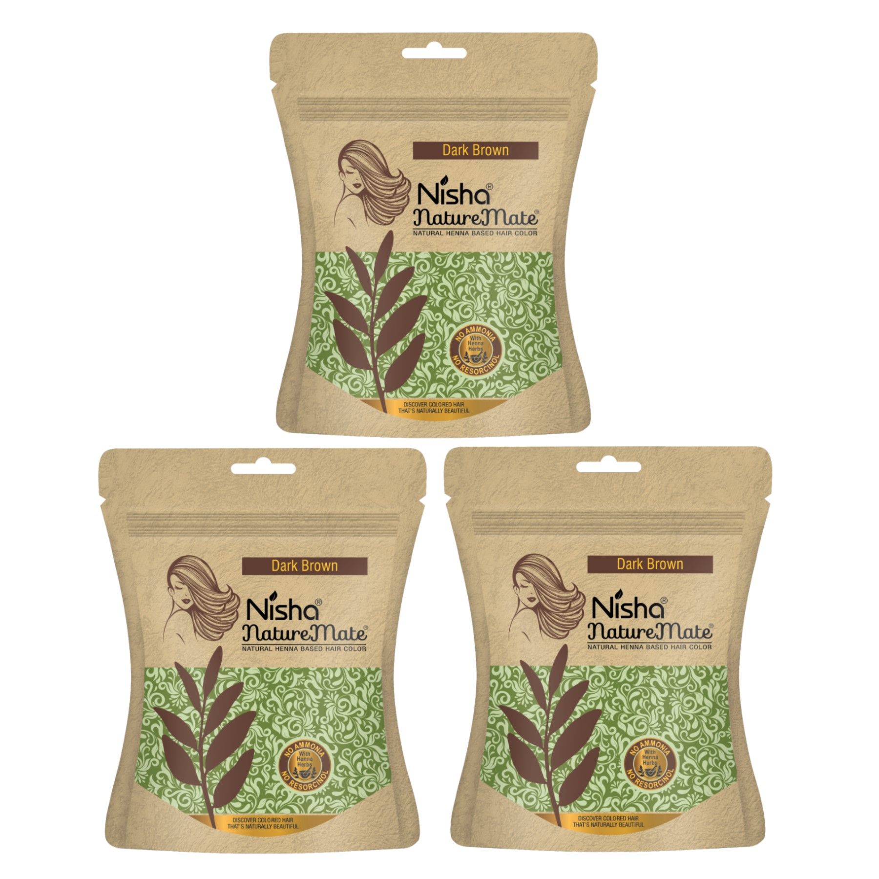 Nisha Nature Mate Henna Based Hair Colour Dark Brown 45gm Pack of 3, No Ammonia, No Resorcinol, 100% Grey Coverage