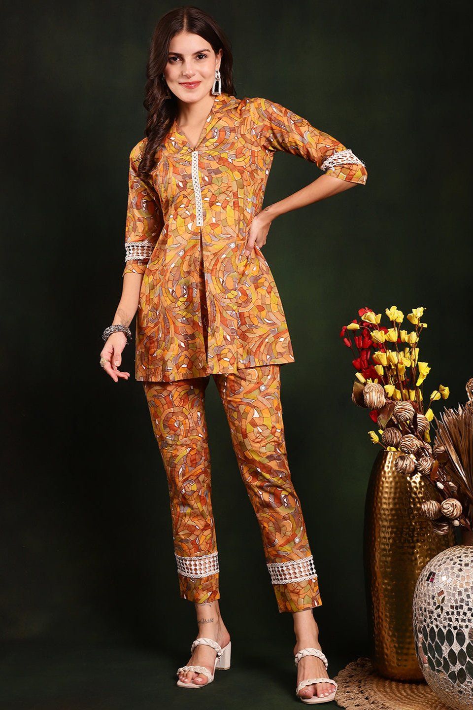 Yellow Colour Geometric Printed Cotton Co-ord Set-S