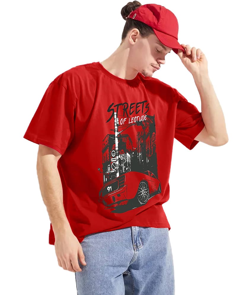 Leotude Cotton Blend Oversized Fit Printed Half Sleeves Men's Round T-Shirt - Red ( Pack of 1 )