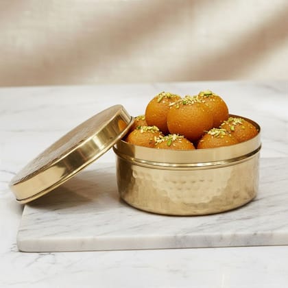 Handcrafted Brass Sweet Box | Pooja Prasad Container, Height : 2.5 Inch (ZMAS645 D)