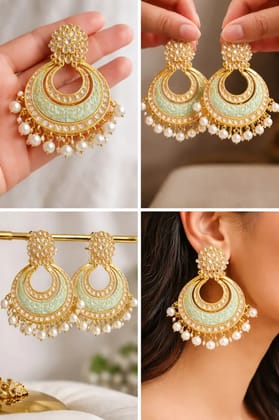 Elegant Gold-Plated Pearl & Mint Green Designer Chandbali Earrings.