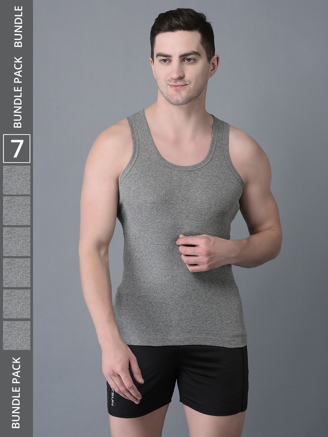 Men's Grey Pack of 7 Solid Combed Cotton Vest