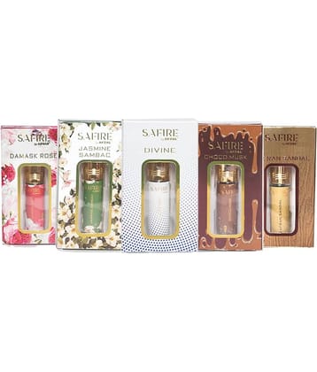 SAFIRE DAMASK ROSE, JASMINE SAMBAC, DIVINE, CHOCO MUSK & ZAFRAN SANDAL ATTAR (COMBO PACK 6ML*5) ROLL-ON PERFUME OIL FOR MEN AND WOMEN