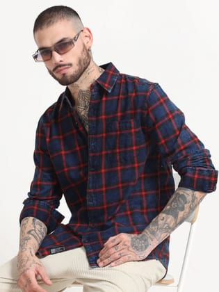 Indigo Dyed Premium Men Shirt, Regular Fit, Pure Cotton, Red-Navy-L