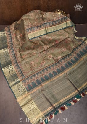 Warm Grey Kalamkari Digital Print on Pure Banarasi Semi Tussar Silk