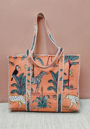 Handblock Printed Quilted Tote Bag without zip/button 17x18x 6 inches