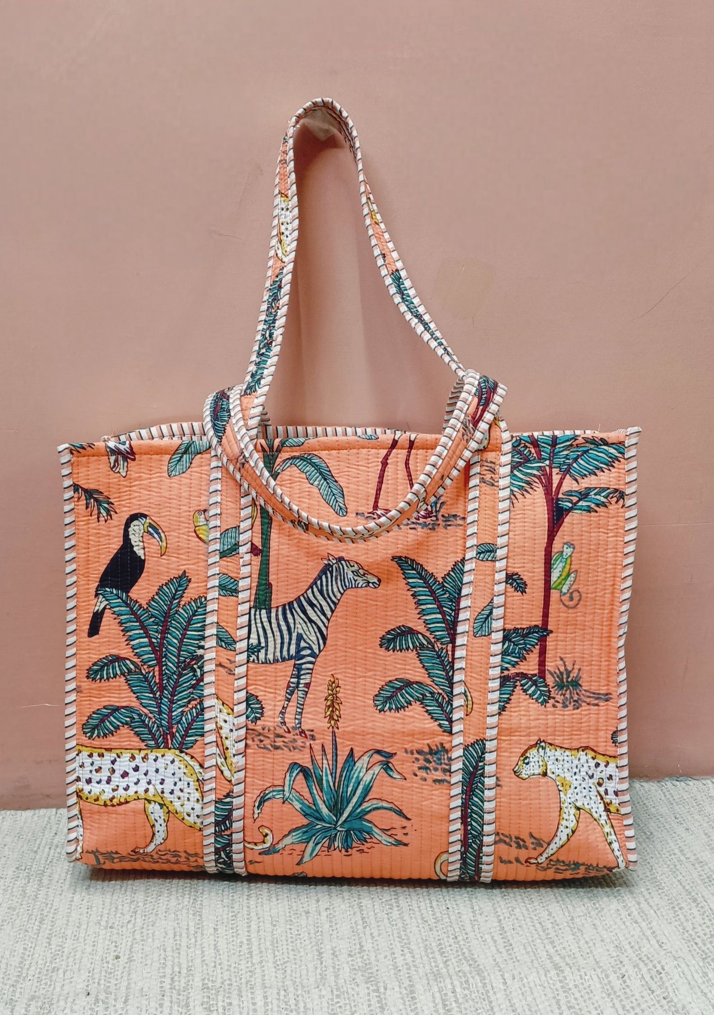 Handblock Printed Quilted Tote Bag without zip/button 17x18x 6 inches