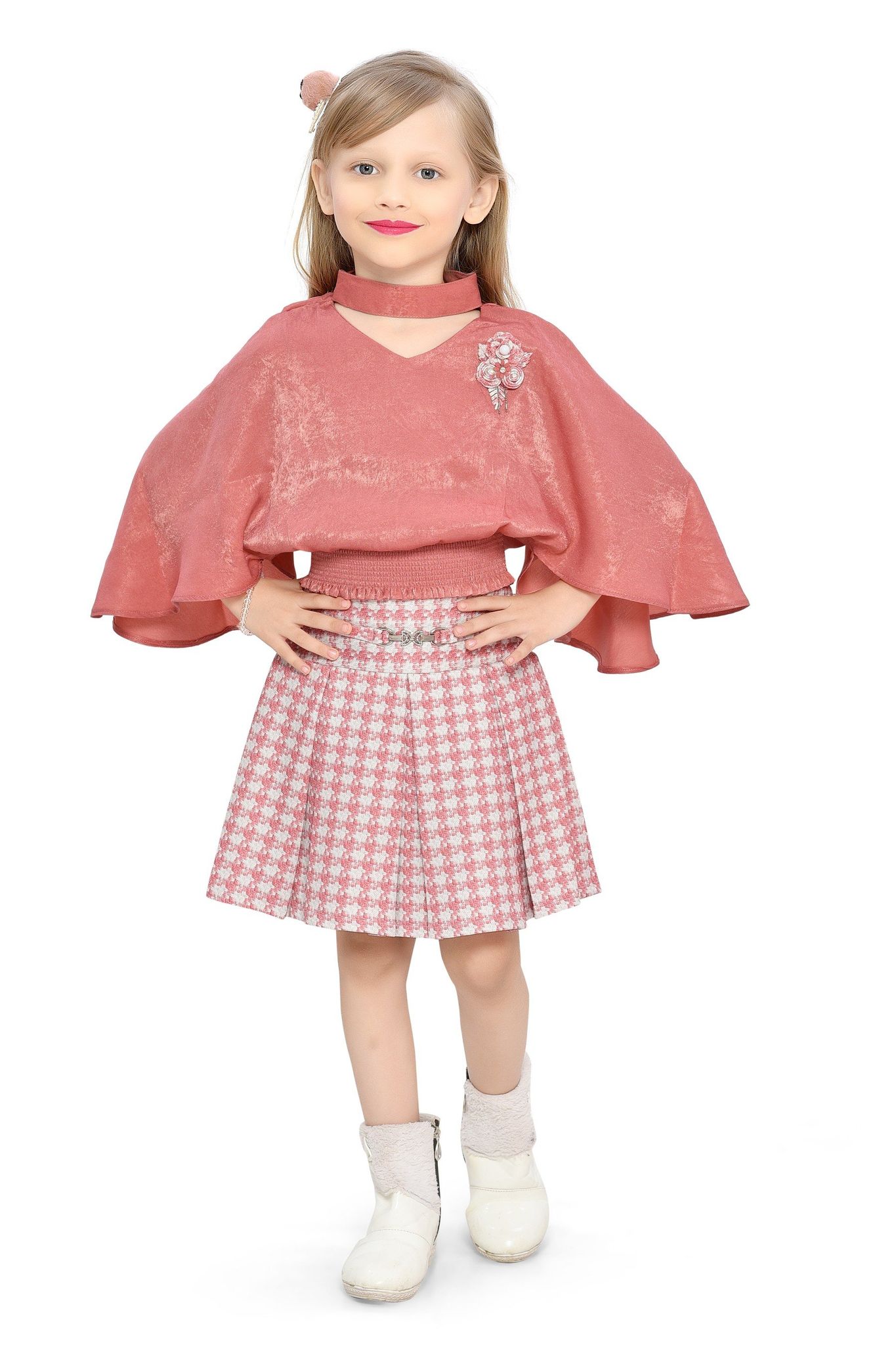 Be:kids Rust Autumn Charm Girls' Ensemble: Velvet Poncho Top and Houndstooth Pleated Skirt
