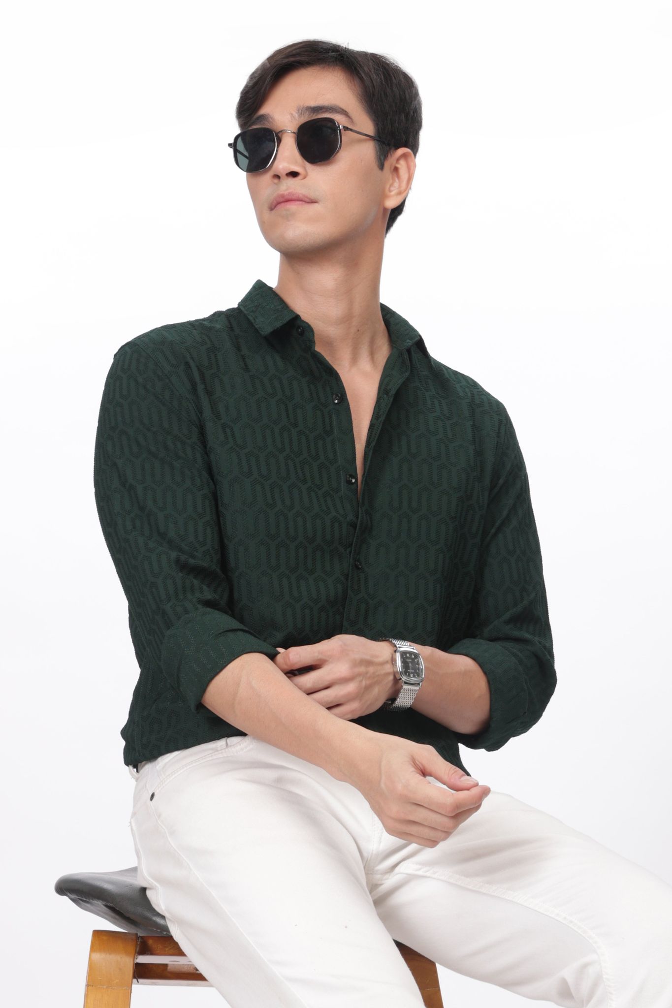 Emerald Green - Modern Fit Textured Shirt-M