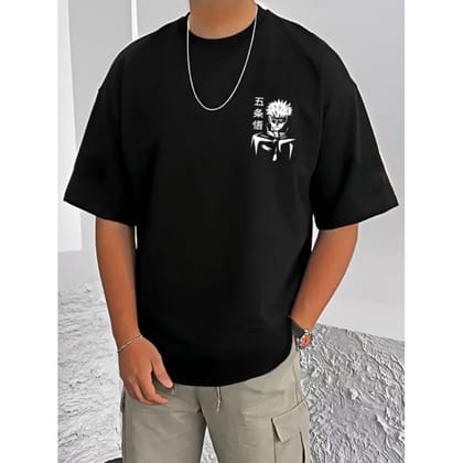 Men's Casual Cotton Blend Printed Round Neck Half Sleeve T-Shirt (Black) C