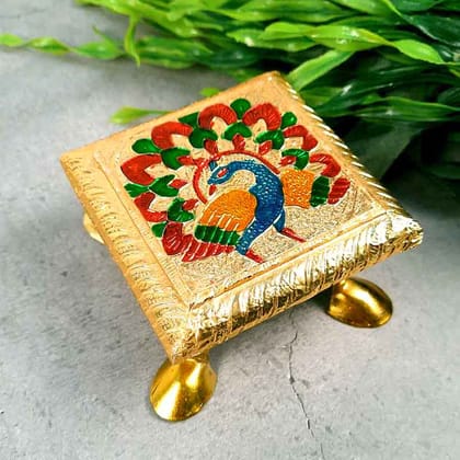 Pooja Chowki Bajot for God | Meenakari Chauki - Peacock Design - For Pooja & Return Gifts - 4 Inch-Pack of 1