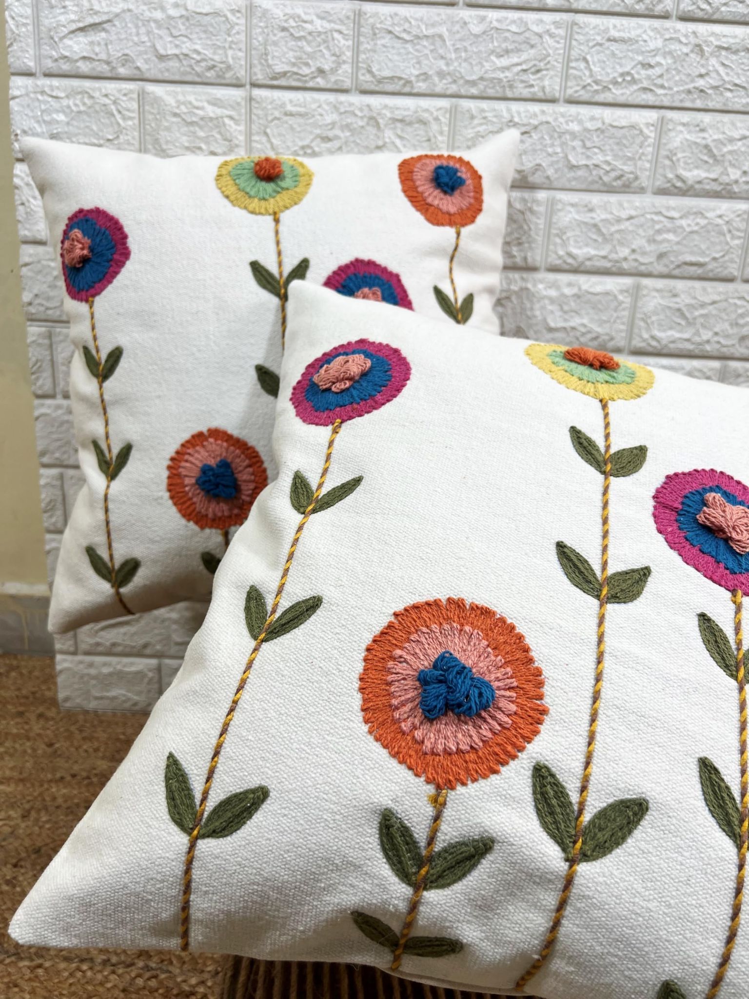 Indihomecraft Handicraft Cotton Cushion Cover - Hand Stitched Embroidery Decorative Art Boho Pillow Flower Shape Hand Made Pillow Cover | Hand Stitch Square Shape 18X18 Inches Cushion Cover, Set of 2