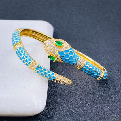 Copper Cubic Zirconia Enamel Gold White Snake Bangle Cuff Kada Women-BLUE
