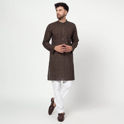Brown Men's block printed band collar cotton kurta-S