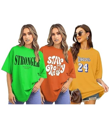 Leotude Women Cotton Blend Printed Oversized Fit Round Neck T-Shirt ( Multicolor )