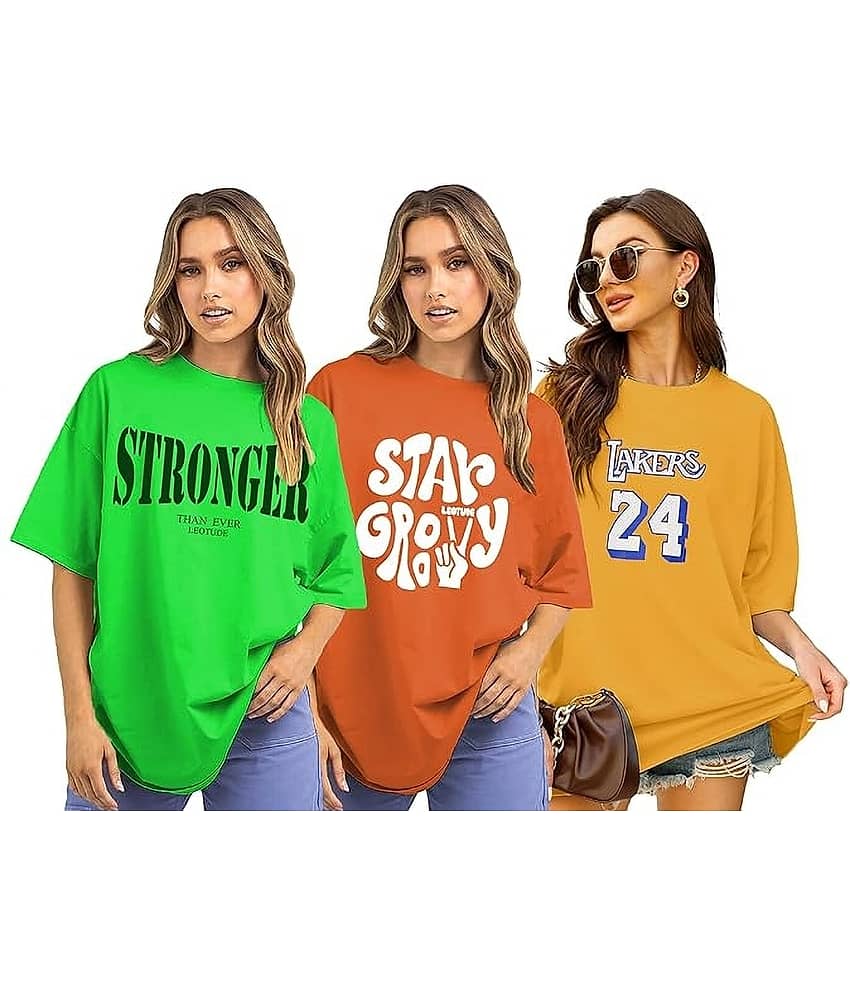 Leotude Women Cotton Blend Printed Oversized Fit Round Neck T-Shirt ( Multicolor )