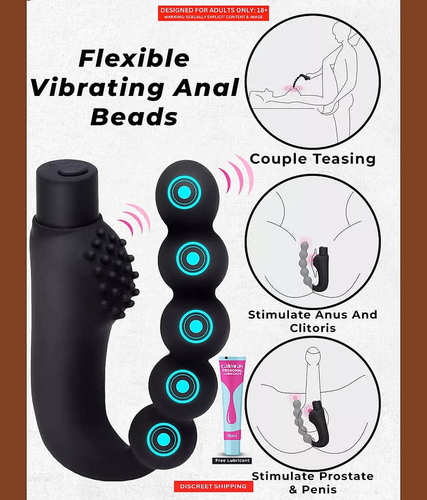 Black Vibrating Anal Beads Butt Plug Prostate Massager Flexible Silicone Anal Sex Toys for Men, Women and Couples With Free Lube - Naughty Nights