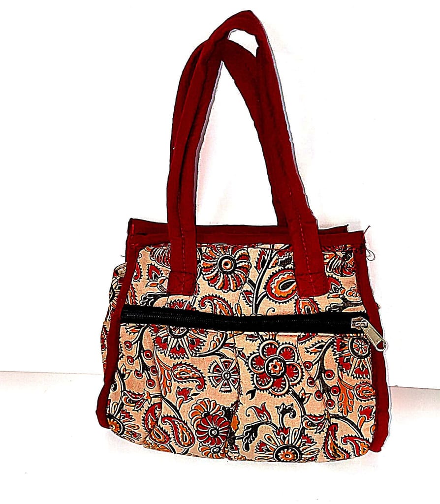Floral prin kalankari t handbag with double handles