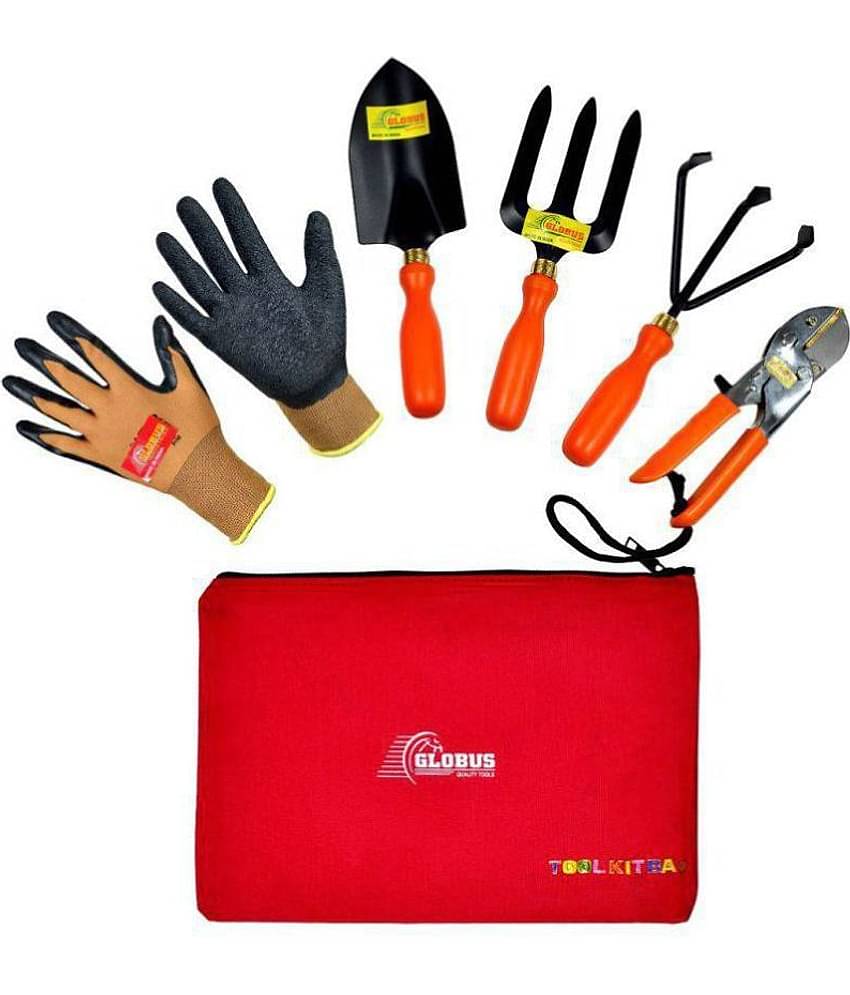 GLOBUS 933 Garden Tool Set/4 PCS (Big Trowel, Weeder Fork, Hand Cultivator orange colour, Red Pruner, metal, tool kit bag and  working gloves,Pack of 6)