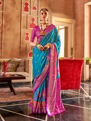 Sky Blue Soft Silk Printed Patola Saree