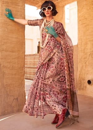 Rose Pink Printed Cotton Silk Saree With Contrast Blouse