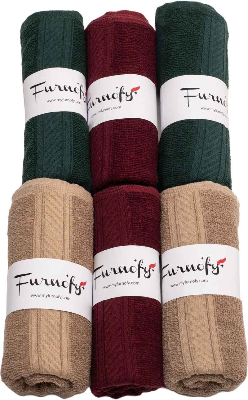 Furnofy Cotton 450 GSM Hand Towel Set Olive Green, Beige, Merun (Pack Of 6)