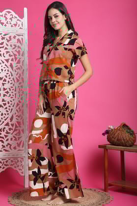 Brown Color Abstract Printed Viscose Rayon Night Suit-S