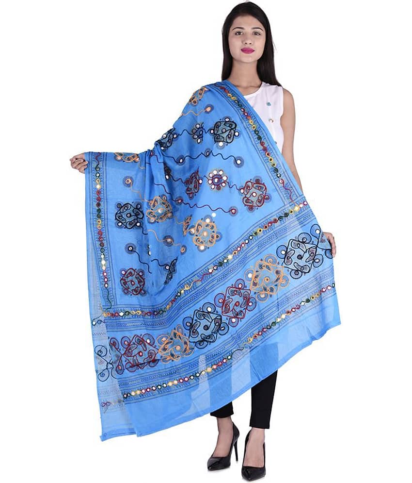 Raj Blue Cotton Kutch Embroidered Dupatta