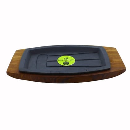 TRILONIUM Cast Iron Continental Sizzler Platter Plate | Pre-Seasoned | 29cms X 17cms | Rectangular | with Wooden Holder
