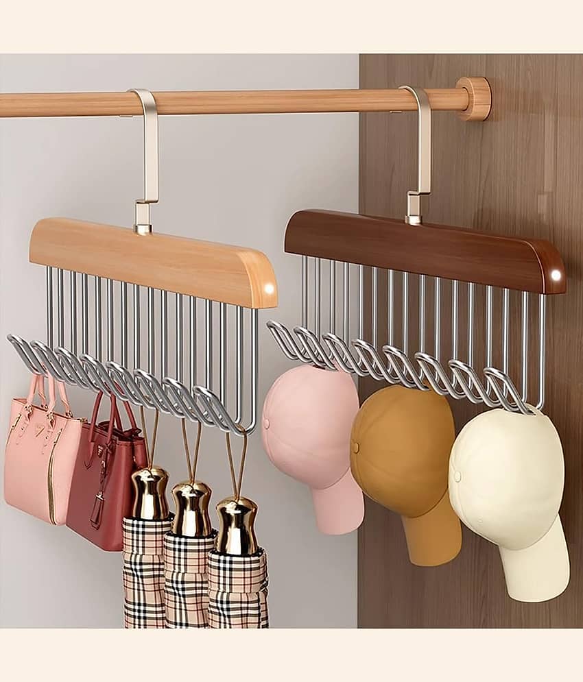 KRAMOX Wooden Hanger - Multipurpose 8 Hooks Closet Wooden Hanger for Lingerie, Belt, Scarf, Tie, Garments, Perfect Storage Holder Hangers for Wardrobe and Cupboard