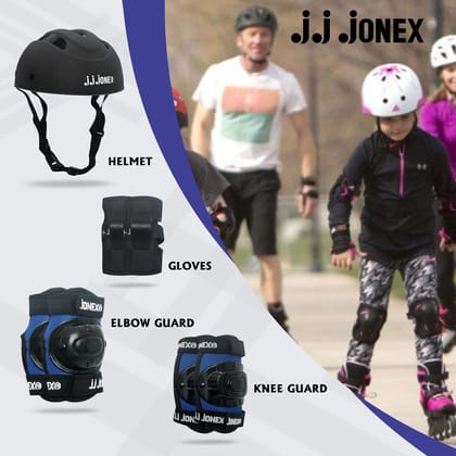 JJ Jonex Skating Guard, Protective Skating Guard Kit | Skate, Cycling Protection Set | Multi Sport Gear for Children Age 5-16 Years, Helmet Elbow Guards Knee Caps & Hand Gloves (Black-Blue, Large)