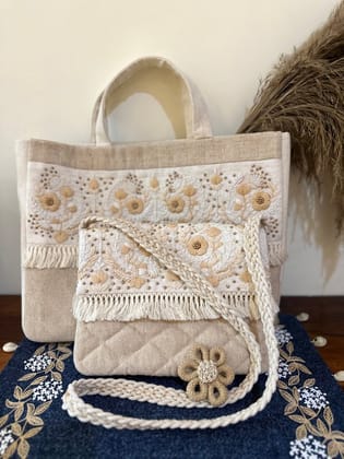 KRI India Raw Hand embroidered Boho Bag|Tote bag | Jute brown and off white  | 12x16 inches  | Wash & Care | 100% Cotton | Handcrafted in India. 100% organic & natural.